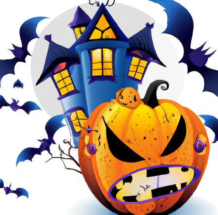 Evil cartoon halloween pumpkin against the backdrop of the witch's house, and bats flying aroundの写真素材