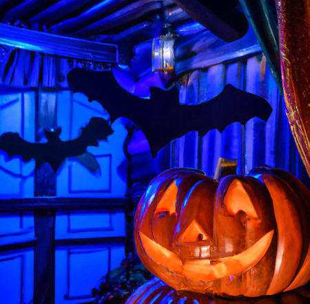Halloween decorations: pumpkin and batsの写真素材