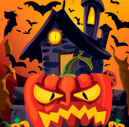 Evil cartoon halloween pumpkin against the backdrop of the witch's house, and bats flying aroundの写真素材