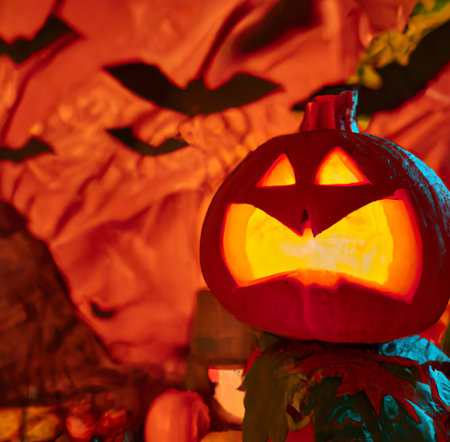 A glowing Halloween pumpkin in an abandoned witch's house with bats flying aroundの写真素材