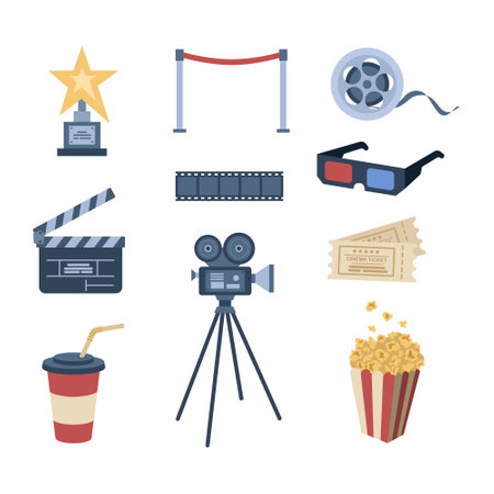 Set of cinema elements. Tickets, 3D glasses, clapperboard, video camera, montage tape, award, popcorn, soda. Banner, flyer, advertisement template. Hand drawn vector illustration.のイラスト素材