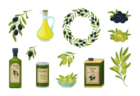 Vector set of black and green olives. Olive tree branches, wreath of olive branches, glass bottle with olive oil, bowl with olives and metal can. Healthy food vector illustration.のイラスト素材