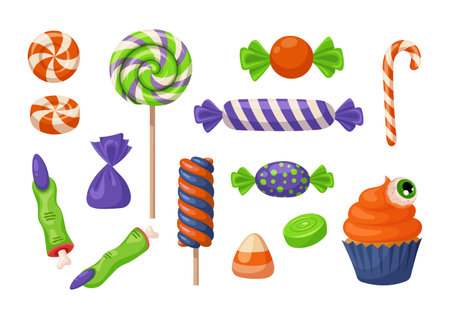 Halloween sweets set. Candies and lollipops, witch fingers and a cupcake with an eye. The concept is used for stickers, banners and cards. Hand drawn vector illustration.のイラスト素材