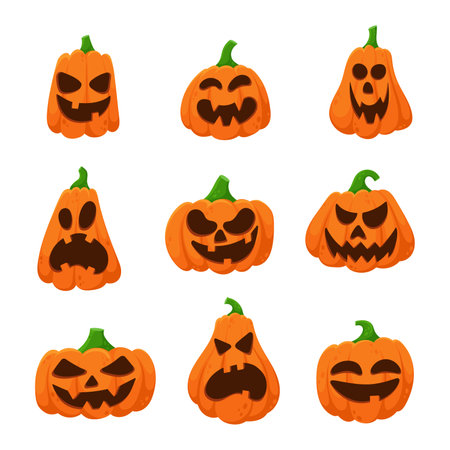 Halloween pumpkin set. Creepy faces. Ð¡oncept is used for stickers, banners and cards. Hand drawn vector illustration.のイラスト素材