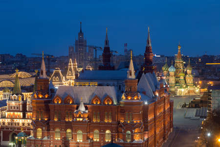 Cathedrals, museum and shopping center around red square in twilight timeのeditorial素材