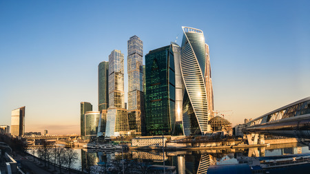 A group of Moscow's skyscapers near the river in the morningのeditorial素材