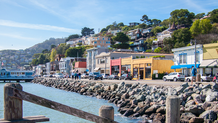 Sausalito, USA - October 1, 2013 - View of the stores along the Bridgeway street in the city of Sausalito, USAのeditorial素材