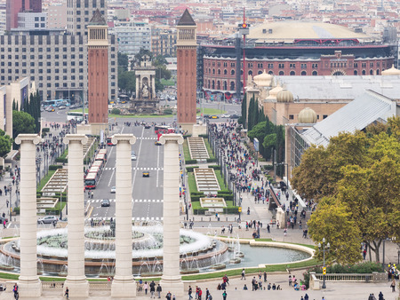 BARCELONA, SPAIN - OCTOBER 18, 2015. A group of Barcelona city landmarks. The Venetian Towers, the Columns  representing the catalan flag, and the Arenas mall.のeditorial素材