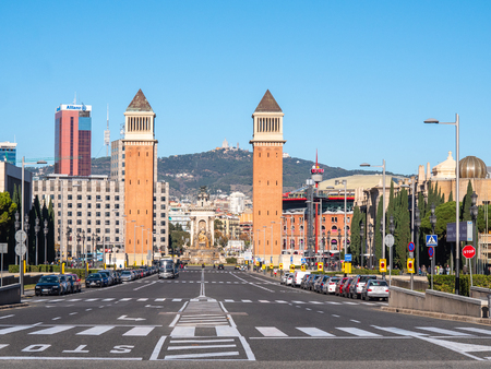 Barcelona, Spain - December 16, 2017. The twin venetian towers and the monument is the Spain square.のeditorial素材