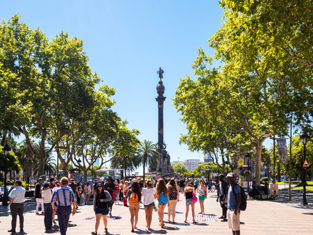 Barcelona, Spain - June 19, 2016. Columbus column at the end of La Rambla street in Barcelona...