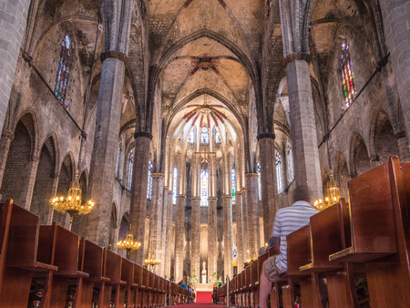 Barcelona, Spain - June 19, 2016: Ceiling and columns in Santa Maria del Mar cathedral, in...