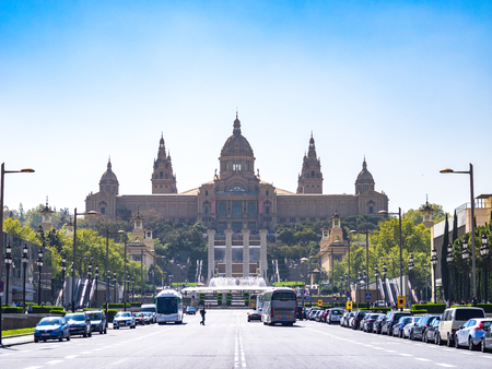 Barcelona, Spain - April 09, 2017: View of the Palau Nacional (National Palace) in Barcelona, who...