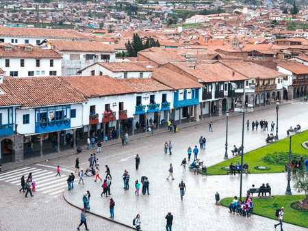Cusco, Peru - January 2, 2017. View of the spanish colonial style balconies in the Plaza de Armas of...
