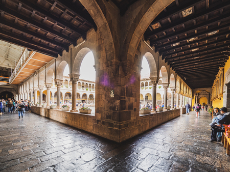 Cusco, Peru - January 3, 2017. View of the columns of the Qorikancha temple in downtown Cusco