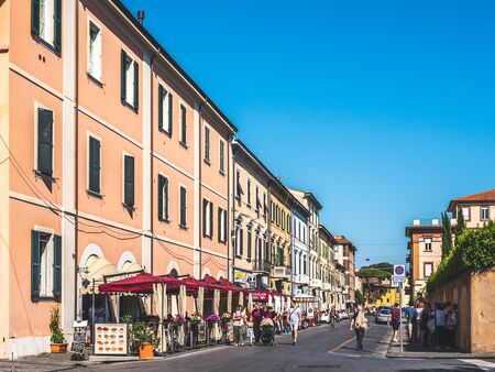Pisa, Italy - May 28, 2017 - Tourists in restaurants and walking near the Leaning tower of Pisaのeditorial素材