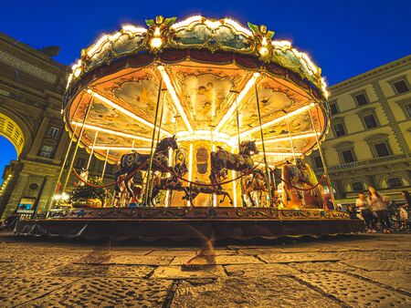 Firenze, Italy - May 27, 2017 - Tourists in the Antica Giostra Toscana carousel in the Piazza della Repubblicaのeditorial素材
