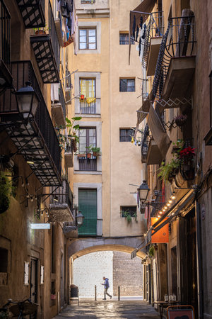 Street in the old town of Girona, Catalonia, Spainの写真素材