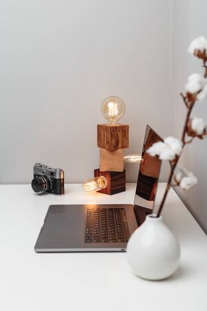 Old-fashioned steampunk style lamps, antique camera, white vase and laptopの写真素材