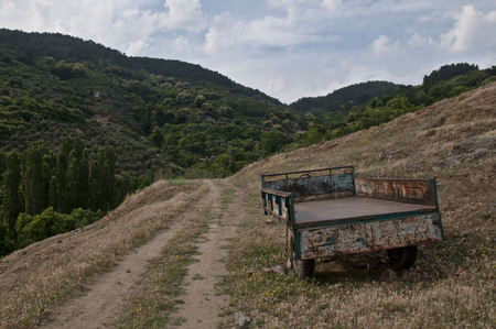 An empty tractor truck in the middle of natureの写真素材