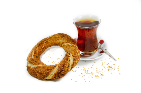 Hot Turkish tea beside Istanbul simidiの写真素材