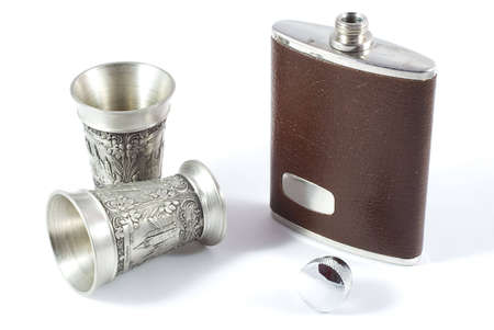 Hip flask and pewter cups - all ready for a day at the races.の写真素材