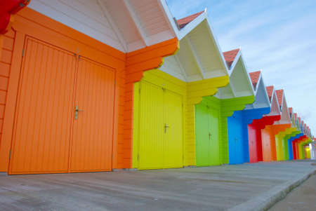 Beach huts at Scarborough North Bay, North Yorkshire, England, UKの写真素材