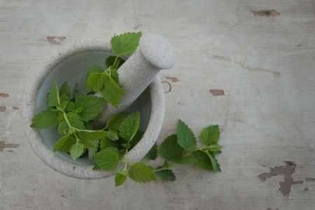 Stone mortar with peppermint on a wooden board