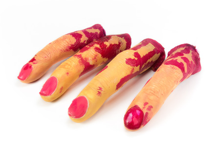Fake 4 fingers are cut include blood on white background  Fingers for Halloween Season の写真素材