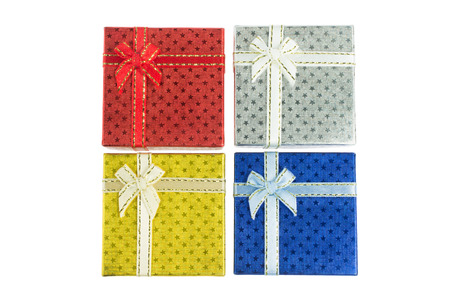 4 Gift box set in bird s eye view for Christmas, Thanksgiving, Birthday, Holiday, New year and other important festival の写真素材