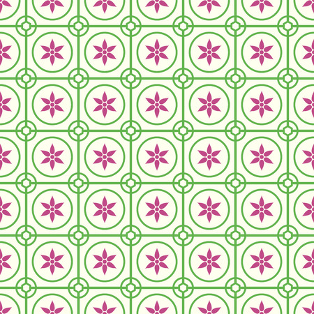 Green Vintage blossom and circle and hexagon and rectangle seamless pattern on pastel background. Retro and classic symmetry style for old or modern design.のイラスト素材