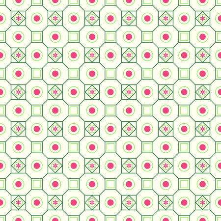 Green classic blossom and square and circle seamless pattern on pastel background. Vintage and classic bloom pattern for retro and old design.のイラスト素材