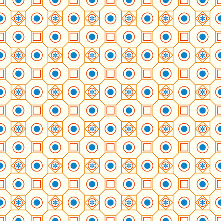Orange classic blossom and square and circle seamless pattern on pastel background. Vintage and classic bloom pattern for retro and old design.のイラスト素材