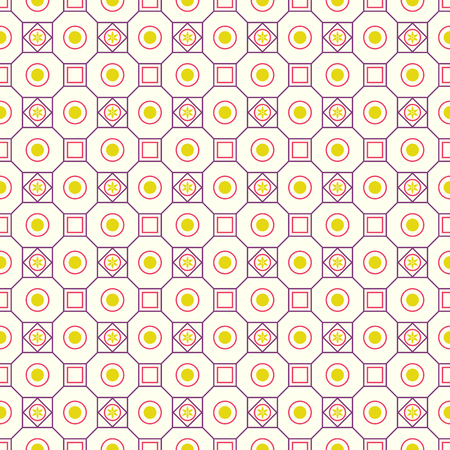 Violet classic blossom and square and circle seamless pattern on pastel background. Vintage and classic bloom pattern for retro and old design.のイラスト素材