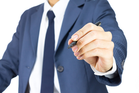 Businessman Drawing Transparent Screen or Glass Board Isolated on White Background. Businessman Writing Something on Transparent Screen.の写真素材