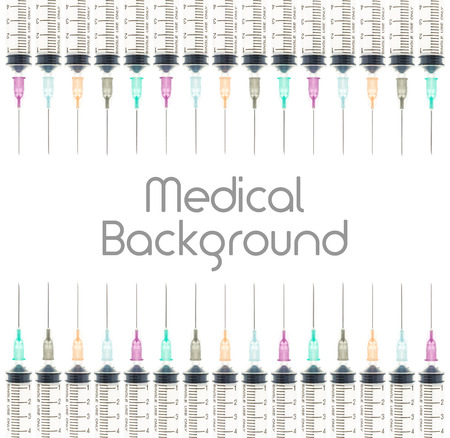 Five color needle or medical device isolated on white background on top and bottom at horizontal view. Medical background for hospital or clinic or health design.の写真素材
