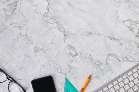 Modern Clean Flat Lay or Top View Office Desk or Office Table and Office Supplies as Computer...