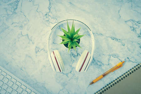 Headphone and Office Plants on Modern Clean Flat Lay or Top View Office Desk or Office Table and Stationery as Computer Keyboard,Pen,Spiral Notebook on Marble Minimalist Background in Vintage Toneの写真素材