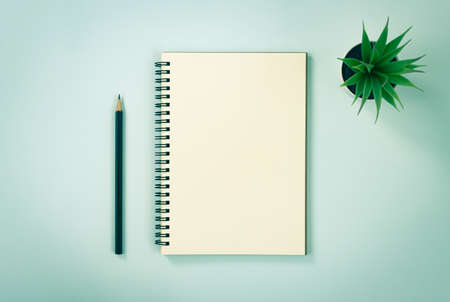 Spiral Notebook or Spring Notebook in Unlined Type and Office Plant and Pencil on Blue Pastel Minimalist Background in Vintage Toneの写真素材