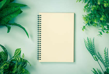 Spiral Notebook or Spring Notebook in Unlined Type and Office Plants at Corner on Blue Pastel Minimalist Background in Vintage Toneの写真素材