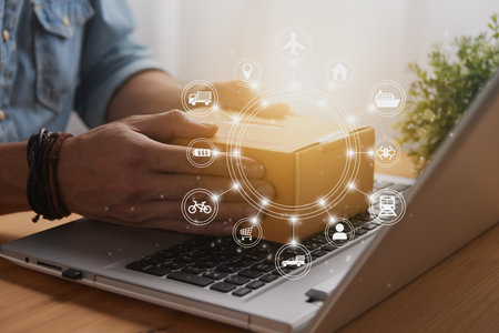 Hand of Casual Businessman or Entrepreneur Catch Parcel or Box on Laptop and Circle Logistic or Transportation Icon. SME Online Business and E-commerce Concept for Work at Homeの写真素材