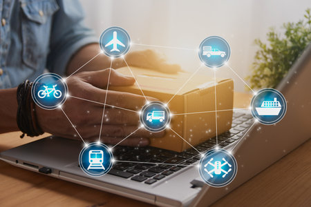 Hand of Casual Businessman or Entrepreneur Catch Parcel or Box on Laptop and Blue Logistic or Transportation Icon. SME Online Business and E-commerce Concept for Work at Homeの写真素材