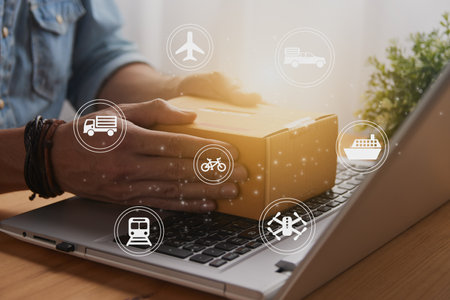 Hand of Casual Businessman or Entrepreneur Catch Parcel or Box on Laptop and Logistic or Transportation Sign. SME Online Business and E-commerce Concept for Work at Homeの写真素材