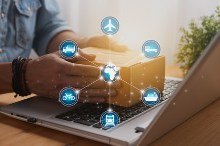 Hand of Casual Businessman or Entrepreneur Catch Parcel or Box on Laptop and Blue Logistic or Transportation Graphic. SME Online Business and E-commerce Concept for Work at Homeの写真素材