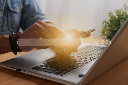 Casual Businessman Touching Mobile Phone or Smart Phone and Search Bar. Communication and Website...