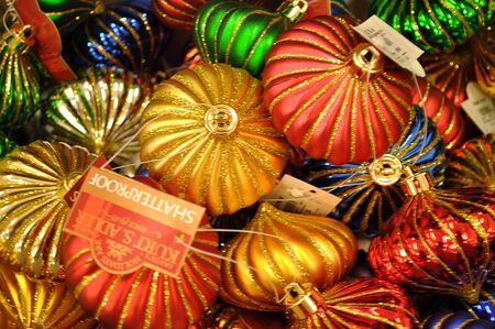 Tagaytay City, Philippines, September 4, 2010: Christmas decorations with glitter and colorful details sold at a hardware store in Tagaytay のeditorial素材