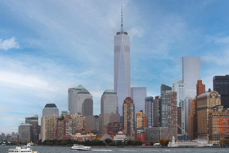 New York, NY, USA, October 15, 2014: The One World Trade Center and Manhattan downtown viewed from...