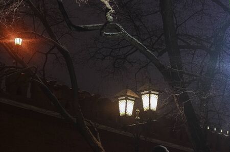 streetlight agains the red squares wall and trees in Moscow at the night of 2017の写真素材
