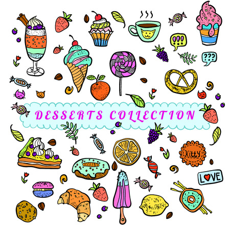 Set of sweets. Hand drawn. Cakes, donuts, ice cream, fruit. dessert.のイラスト素材