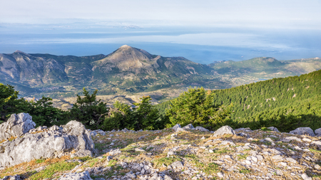 The view from the peak of Mount Atros from Mount Ainos in Cephalonia, Greece, Ionian islands.の写真素材