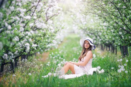 Beautiful young girl sitting in the garden at fruit flowering in springの写真素材
